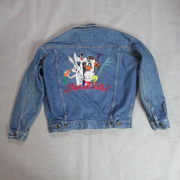 Vintage Looney Tunes Jean Jacket Mens Small Blue Denim Thats All Folks Retro 90s - Picture 1 of 10